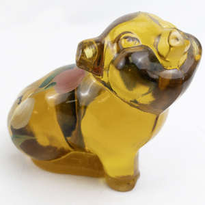 lot 24D image: FENTON Amber Hand Painted Floral Sitting Glass Pig Figurine