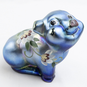 lot 24F image: 2005 FENTON Favrene Hand Painted Floral Glass Sitting Pig Figurine