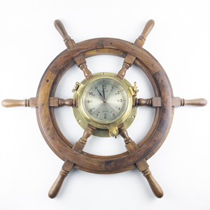 lot 14 image: 27 SHIPS TIME Wooden Ship Wheel Mounted Quartz Clock