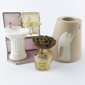 lot 88 image: Misc. Group Lot -Vintage Doll House Ceramic Sink, Tile & Vintage Ceramic Nightlight, & Fragrance Bottle