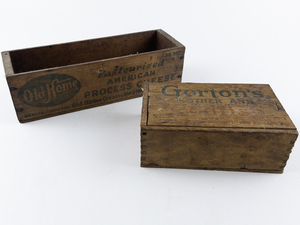 lot 113 image: Pair of Two Vintage Wooden Old Home Pasteurized American Process Cheese & Gortons Mother Ann Codfish Boxes