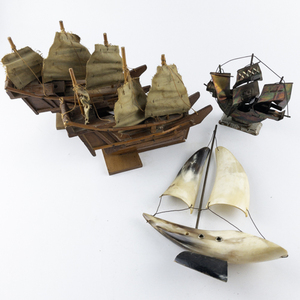 lot 116 image: Group of 4 Decorative Boat Models -Genuine Bone, Wooden & Metal Boats