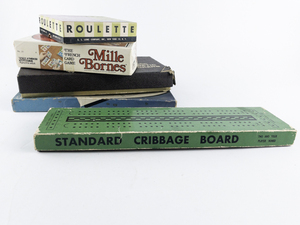 lot 142E image: Group 5 Vintage Games. -Millie Bornes, Cribbage, Real Roulette, Magnetic Checkers, & Rummy Royal
