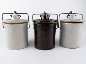 lot 149 image: Group of Three Cheese Crocks with Locking Wire Bail Lids