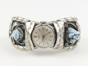 Stunning Floral Turquoise & Mother Of Pearl Sterling Silver Band Acqua Mechanical Watch. Starts Up When Wound!.