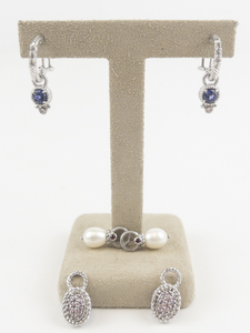 lot 7 image: Judith Ripka Diamonique Sterling Silver Omega Back Hoop Earrings With Pearl & Pink & Blue Cz Drop Charms .