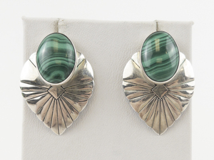 lot 16 image: Malachite Cabochon Sterling Silver Pierced Earrings .