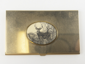 lot 17 image: Whitetail Deer Buck gold tone base metal Card Holder.