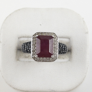 lot 29 image: DJoy Black Spinal, Cz, & Lab Grown Ruby Sterling Silver Ring. Size 6.25 - 6.5.