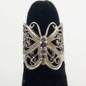 lot 39 image: Filigree Butterfly With Amethyst Accents Sterling Silver Statement Ring . Size 6.5 - 6.75.