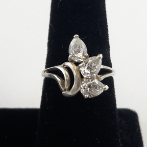 lot 40 image: Three Stone Pear Cut Cz Sterling Silver Ring. Size 9.75 - 10.