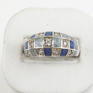 lot 42 image: Ross Simons  Two Tone Blue Enamel & Cz Checkered Sterling Silver Dome Ring. Size 10 - 10.25.