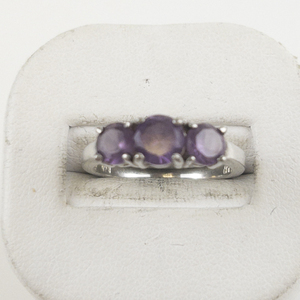 lot 43 image: Affinity Diamond  Three Stone Color Changing Sapphire Sterling Silver Ring. Size 7.25 - 7.5.