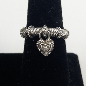 lot 47 image: Judith Ripka Cz Accented Heart Charm Sterling Silver Ring. Size 10 - 10.25.