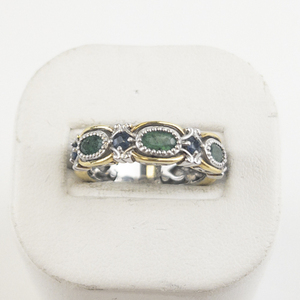 lot 54 image: Emerald & Sapphire Two-Tone Sterling Silver Band. Size 7.25 - 7.5.