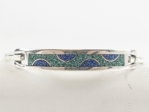 lot 87 image: Mexico (Unknown) Turquoise Inlaid Alpaca Hinged Cuff Bracelet.