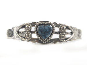 lot 88 image: Navajo Turquoise Heart Etched Nickle Silver Cuff Bracelet.