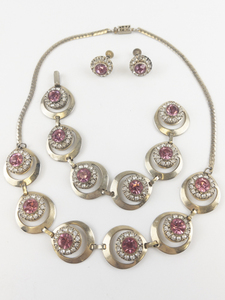 lot 89 image: Set Of Three Pink & White Rhinestone Base Metal Link Bracelet, Necklace, & Screw-Back Earrings.