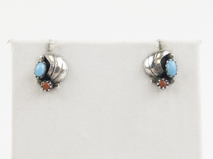 lot 91 image: Zuni Designer Coral & Turquoise Sterling Silver Stud Earrings .