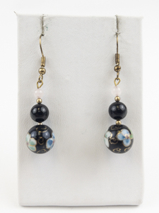 lot 97 image: Vintage Cloisonne Bead Enamel Gold Tone Base Metal French Wire Dangle Earrings .