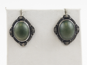lot 105 image: Bordered Green Adventurine Sterling Silver Screw-Back Non-Pierced Earrings.