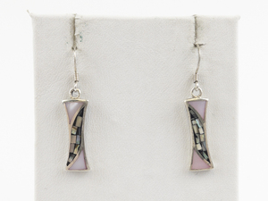 lot 110 image: Gorgeous Mother Of Pearl Inlaid Sterling Silver French Wire Dangle Earrings .