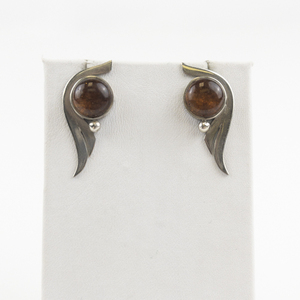 lot 111 image: Unique Amber Cabochon Sterling Silver Stud Earrings .