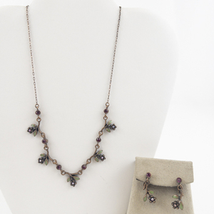 lot 153 image: Floral Pink Rhinestone & Enamel Copper Necklace & Clip-On Earrings Set.