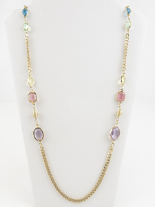 lot 158 image: Long Multi-Color Window Glass Panel Gold Tone Base Metal Necklace.