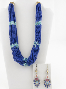 lot 170 image: Blue & Turquoise Colored Gold Tone Base Metal Multi-Strand Seed Bead Necklace & French Wire Earrings.