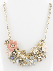lot 171 image: Enamel & Rhinestone Flower Gold Tone Base Metal Bib Statement  Necklace.