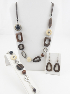 lot 174 image: Brighton  Wood & Silver Tone Base Metal Bead Necklace, Bracelet, & Earrings.