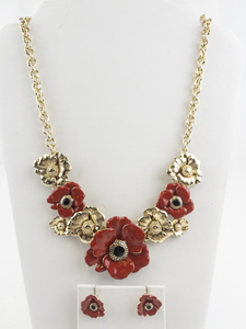 lot 178 image: Red Enamel Flower Gold Tone Base Metal Statement Necklace & Stud Earrings Set.