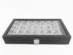 lot 15D image: Black Shadow Box Tray with 28 Individual Crystal Ring Boxes