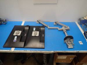 lot 68 image: LCD Dual Monitor Stand with x2 Dell P2317H LCD Monitors  23 screen with 1920 x 1080 HD Resolution  Includes power cables 
