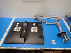 lot 69 image: LCD Dual Monitor Stand with x2 Dell P2317H LCD Monitors  23 screen with 1920 x 1080 HD Resolution  Includes power cables 