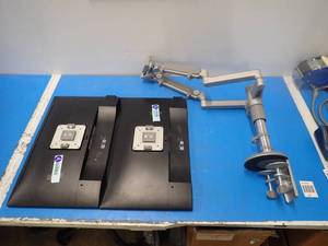 lot 70 image: LCD Dual Monitor Stand with x2 Dell P2317H LCD Monitors  23 screen with 1920 x 1080 HD Resolution  Includes power cables 