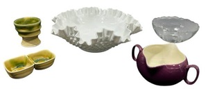 lot 18 image: Vintage White Milk Glass Hobnail Candy Dish (11.5 Wide), Arcoroc 6 Glass Bowl, Irish Country Pottery, and More