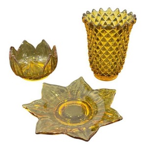 lot 23 image: Vintage Imperial Glass Amber Diamond Point Vase (5.5 Tall) and More