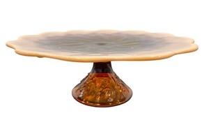 lot 16 image: Wonderful RARE Fenton Amber Iridescent Lily Of The Valley Cameo Opalescent Pedestal Cake Stand (13 Wide x 4.5 Tall)