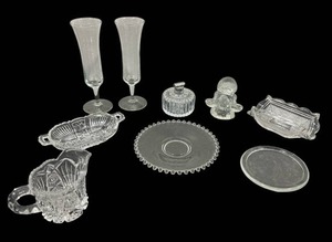 lot 33 image: Vintage Glassware including Goebel Angel Candle Holder, Vanity Perfume Atomizer, and More