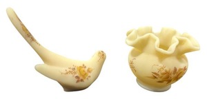 lot 69 image: Vintage Fenton MCM Cream Satin Custard Glass Happiness Bird (5.25 Tall) & Fenton Cream Satin Custard Vase (3.75 Tall)