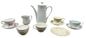 lot 71 image: Vintage Tea Cups & Saucers - Rosyln, Royal Standard, Royal Jackson, Embassy, Royal Albert, Regency, and Style House 9 Coffee Pot