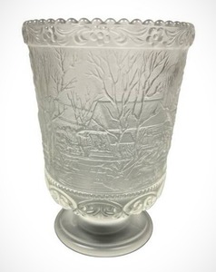 lot 97 image: Fenton Clear Satin Glass Log Cabin Currier & Ives Tea Light (6 Tall)