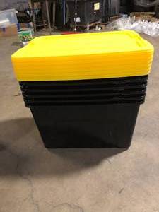 lot 3 image: 60 Qt.15 Gal. Plastic Storage Boxes with Latching Lids in Black and Yellow - Set of 6 Customer Returns See Pictures