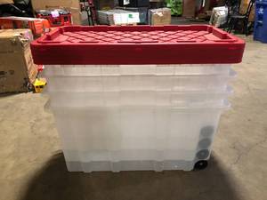 lot 12 image: Lot of HDX 77 Gal. Tough Storage Tote with Wheels in Clear with Red Lid    Customer Returns See Pictures