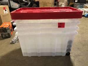 Lot of  HDX 77 Gal. Tough Storage Tote with Wheels in Clear with Red Lid  Customer Returns See Pictures