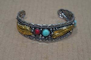 lot 230 image: Navajo Style Turquoise and Red Coral Silver Tone Bracelet