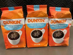 lot 21 image: Set of 3 Dunkin French Vanilla Ground Coffee Bags 12 oz Each