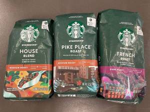 lot 97 image: Set of 3 Starbucks Whole Bean Coffee Bags - Pike Place, House Blend, French Roast